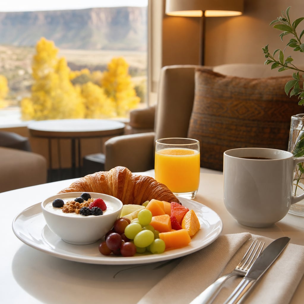 A breakfast spread featuring a croissant, yogurt with berries, and a variety of fresh fruits alongside a glass of orange juice and coffee.