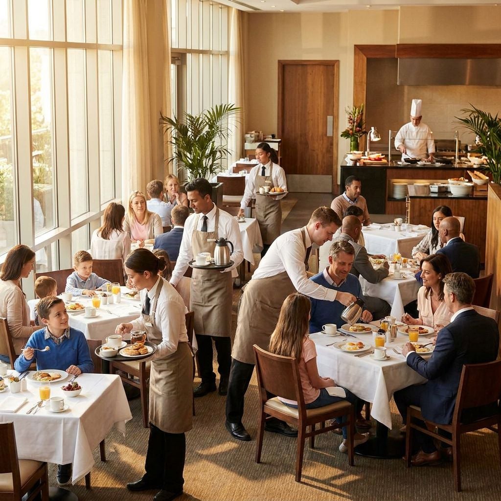 A busy restaurant scene with diners enjoying breakfast and waitstaff serving food.
