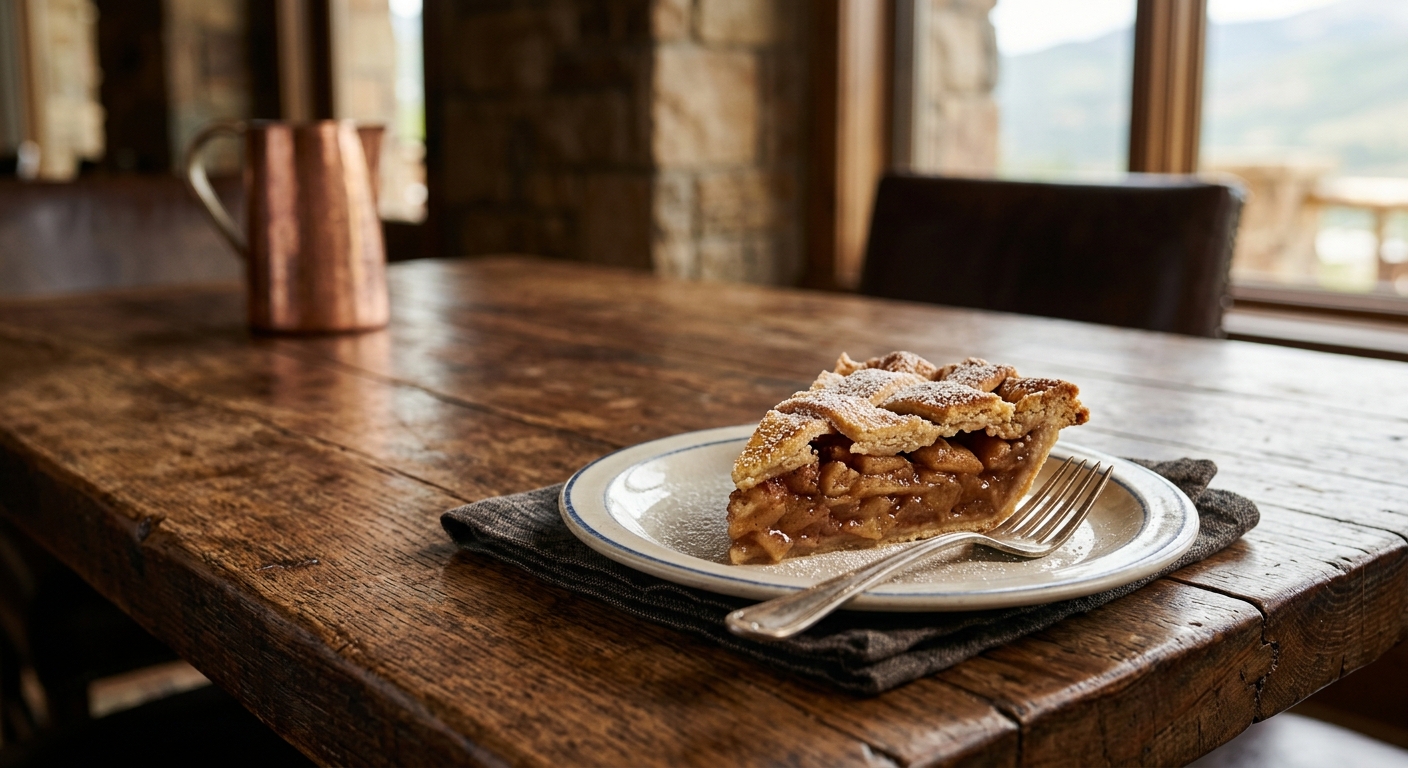 A slice of apple pie is placed on a plate on a rustic wooden table.