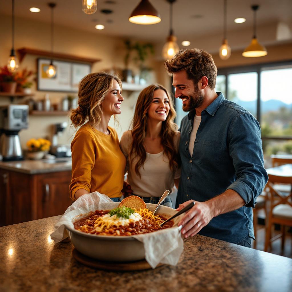 Three people are smiling and enjoying a meal together in a cozy kitchen.