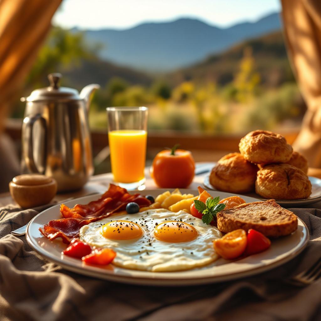 A breakfast spread featuring eggs, bacon, fruit, and pastries with a scenic background.