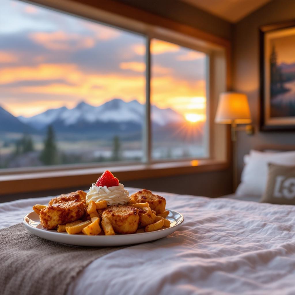 A plate of dessert with whipped cream and a strawberry is placed on a bed, with a scenic mountain sunset visible through a window.