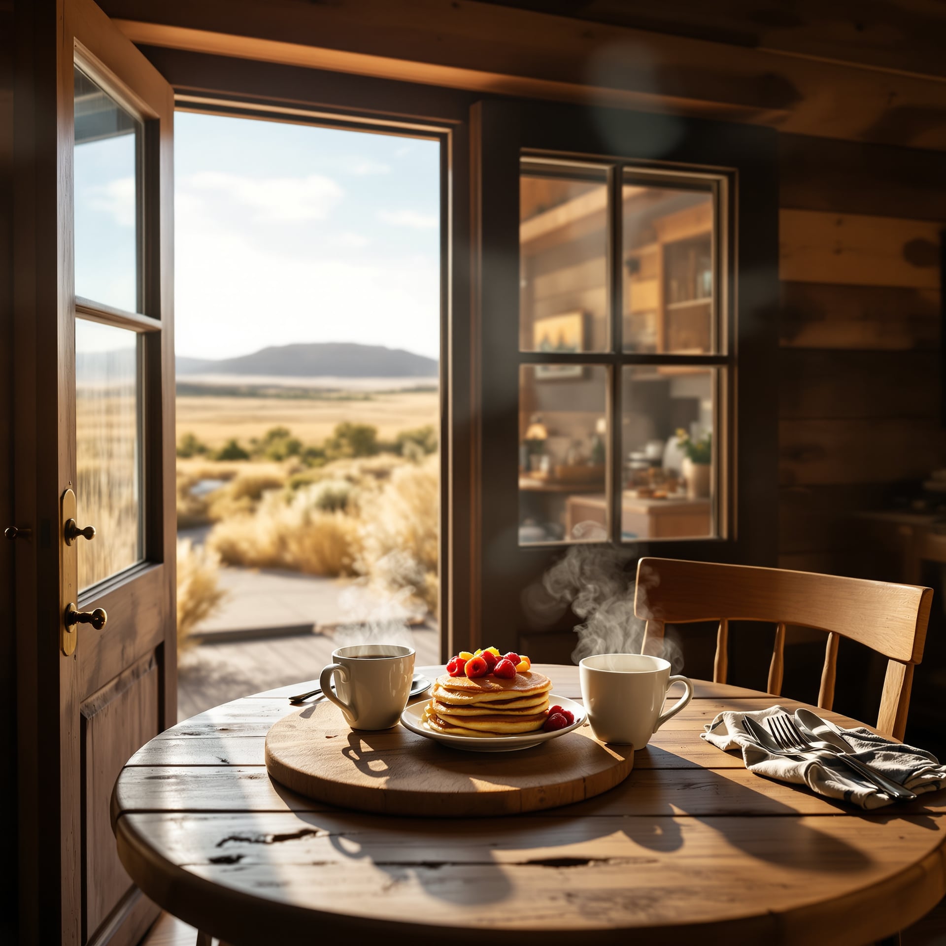 A cozy breakfast setting featuring pancakes and coffee with a scenic view outside.
