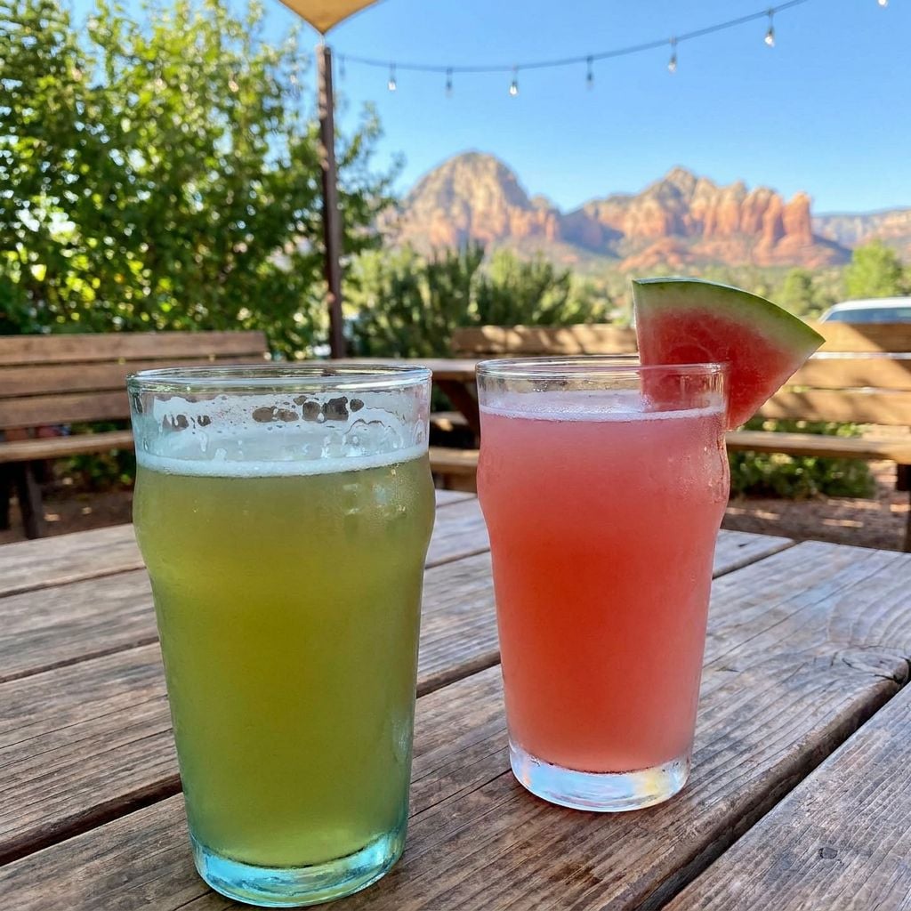 Two colorful drinks are placed on a wooden table with a scenic mountain backdrop.