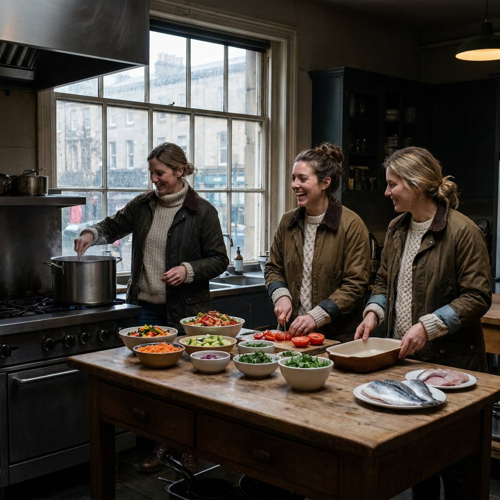 Three women are preparing food in a kitchen with various ingredients laid out on a table.