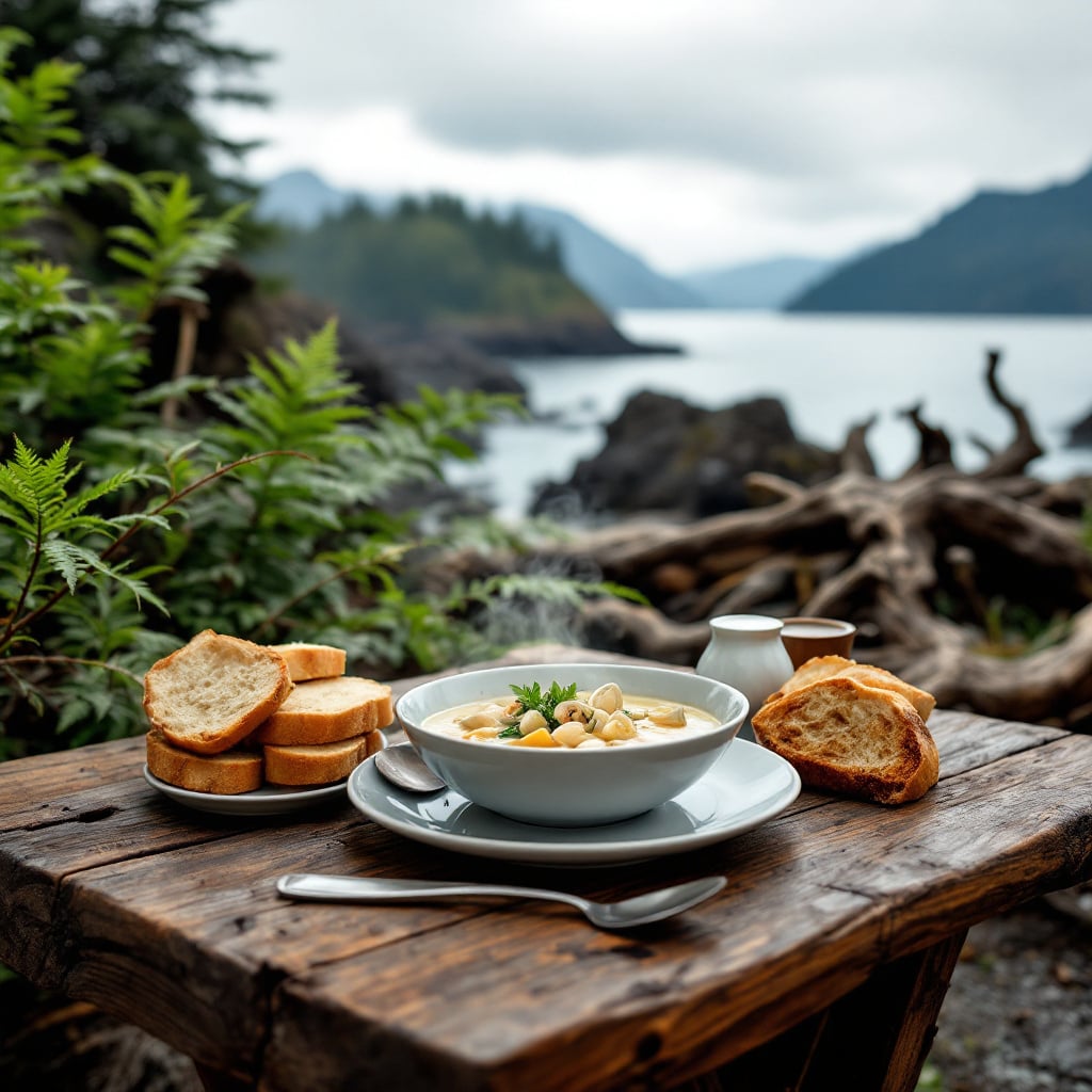 A bowl of soup with bread on a wooden table by a scenic waterfront.