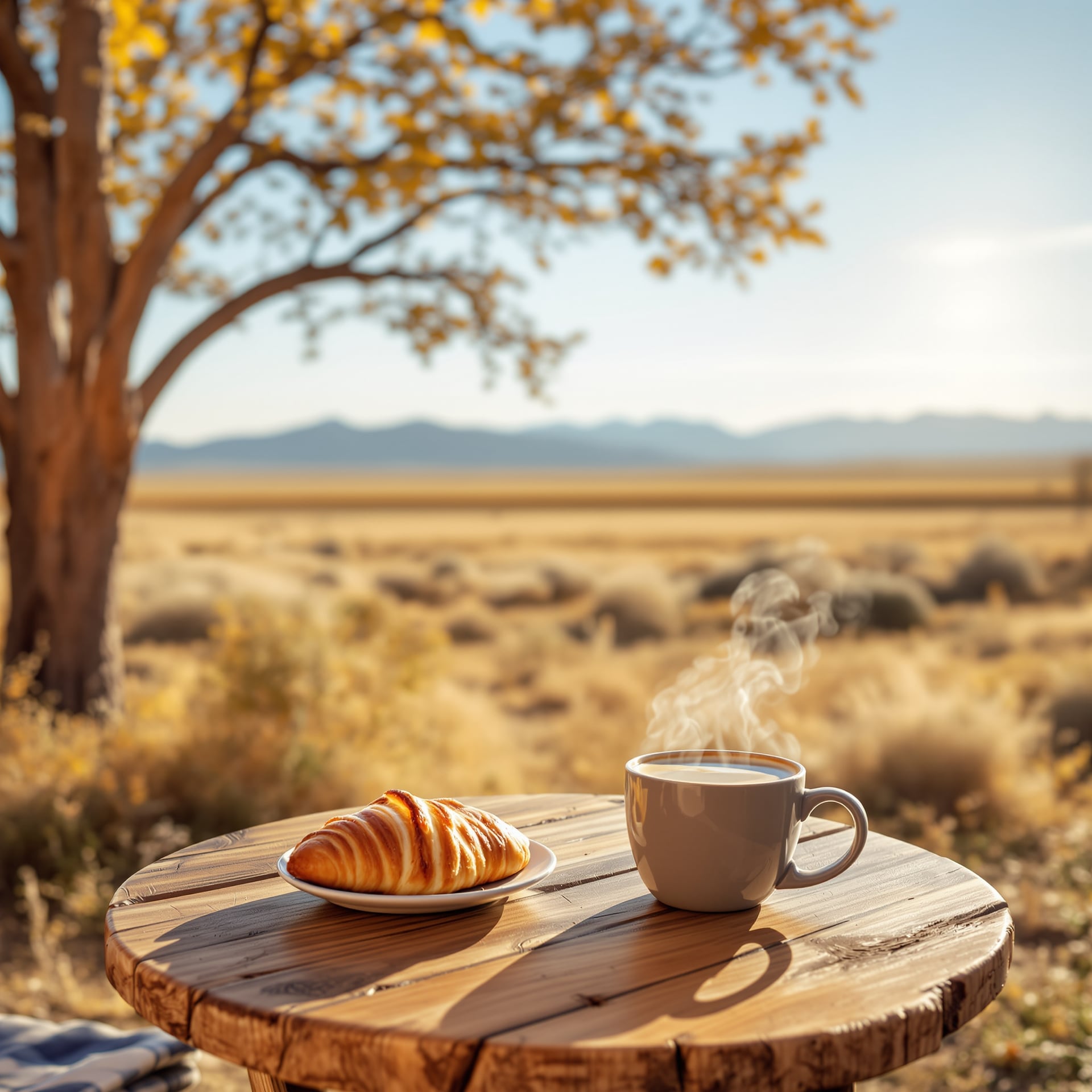 A steaming cup of coffee and a croissant are placed on a wooden table with a scenic background of mountains and autumn foliage.