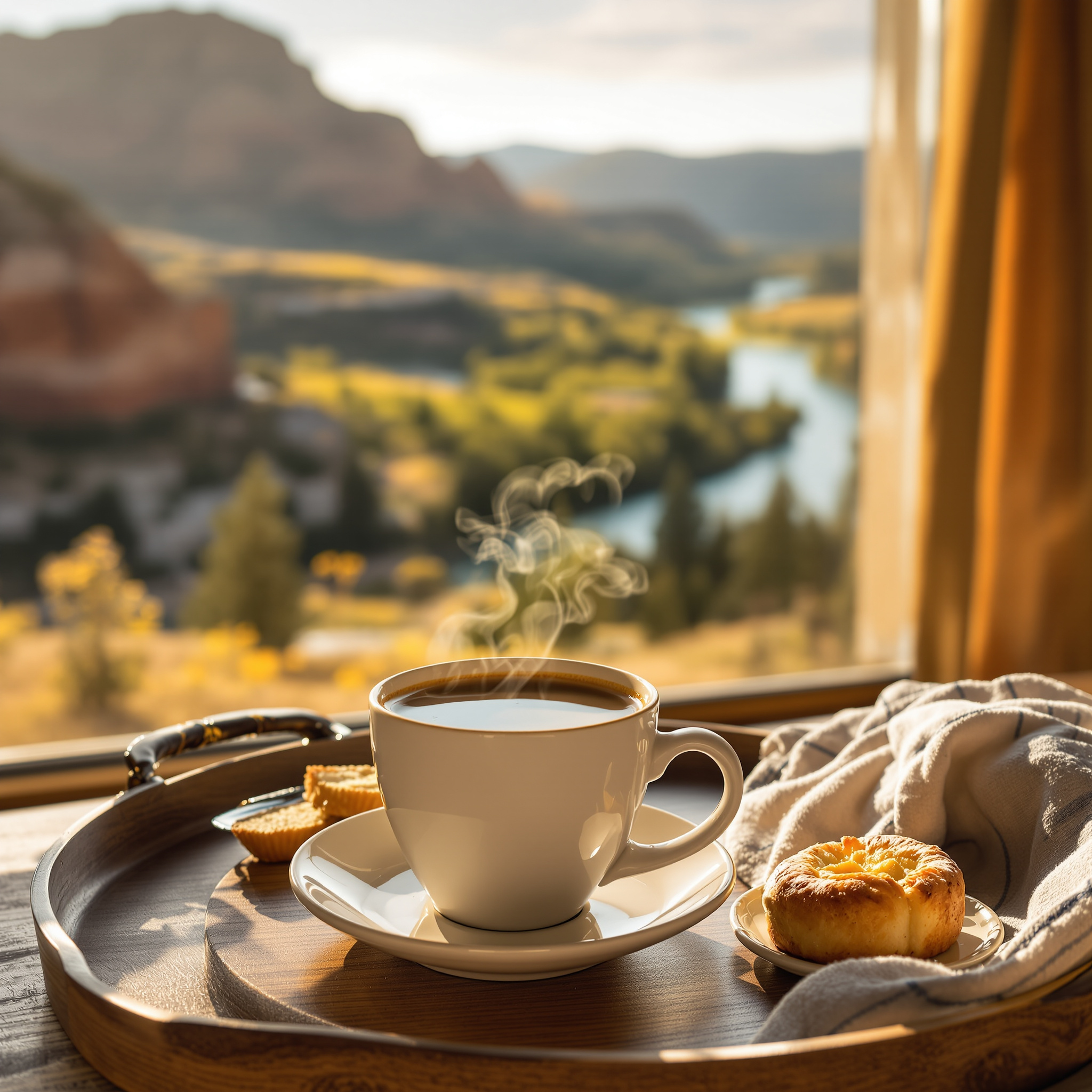 A steaming cup of coffee and a pastry are placed on a wooden tray with a scenic view of a river and mountains in the background.
