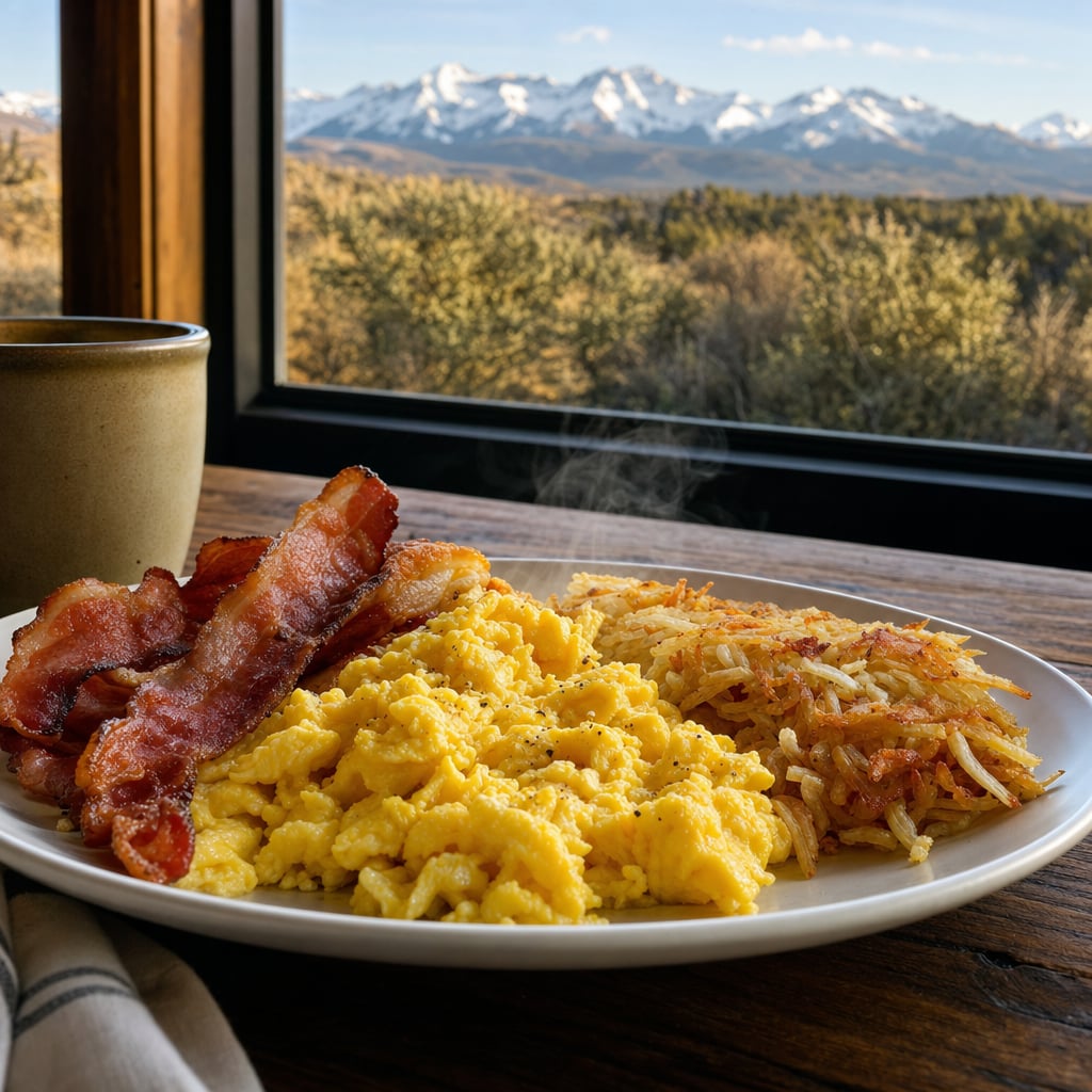 A plate of scrambled eggs, bacon, and hash browns is placed on a table with a mountain view in the background.