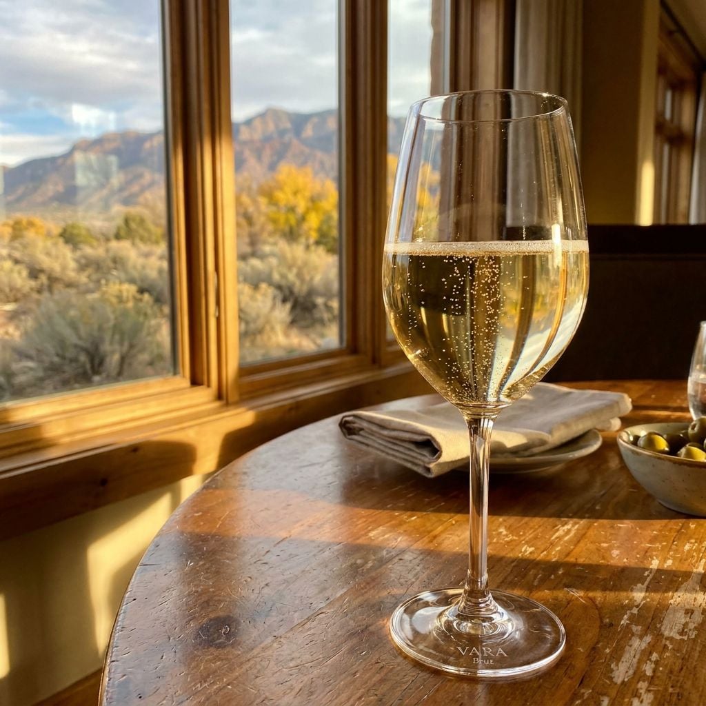 A glass of sparkling wine sits on a wooden table with a mountain view in the background.