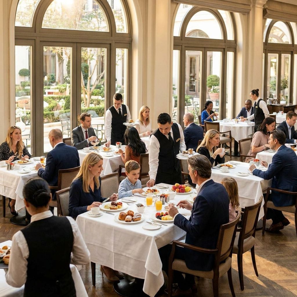 A busy upscale restaurant with guests dining at tables and waitstaff serving food.