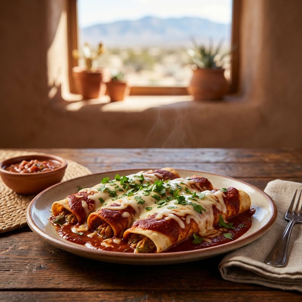 A plate of enchiladas topped with cheese and cilantro, served with a side of salsa.