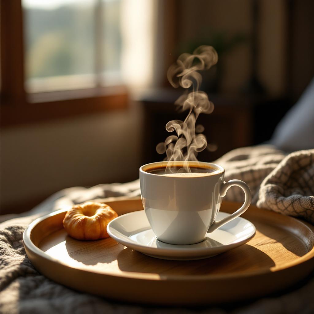 A steaming cup of coffee on a wooden tray next to a pastry.