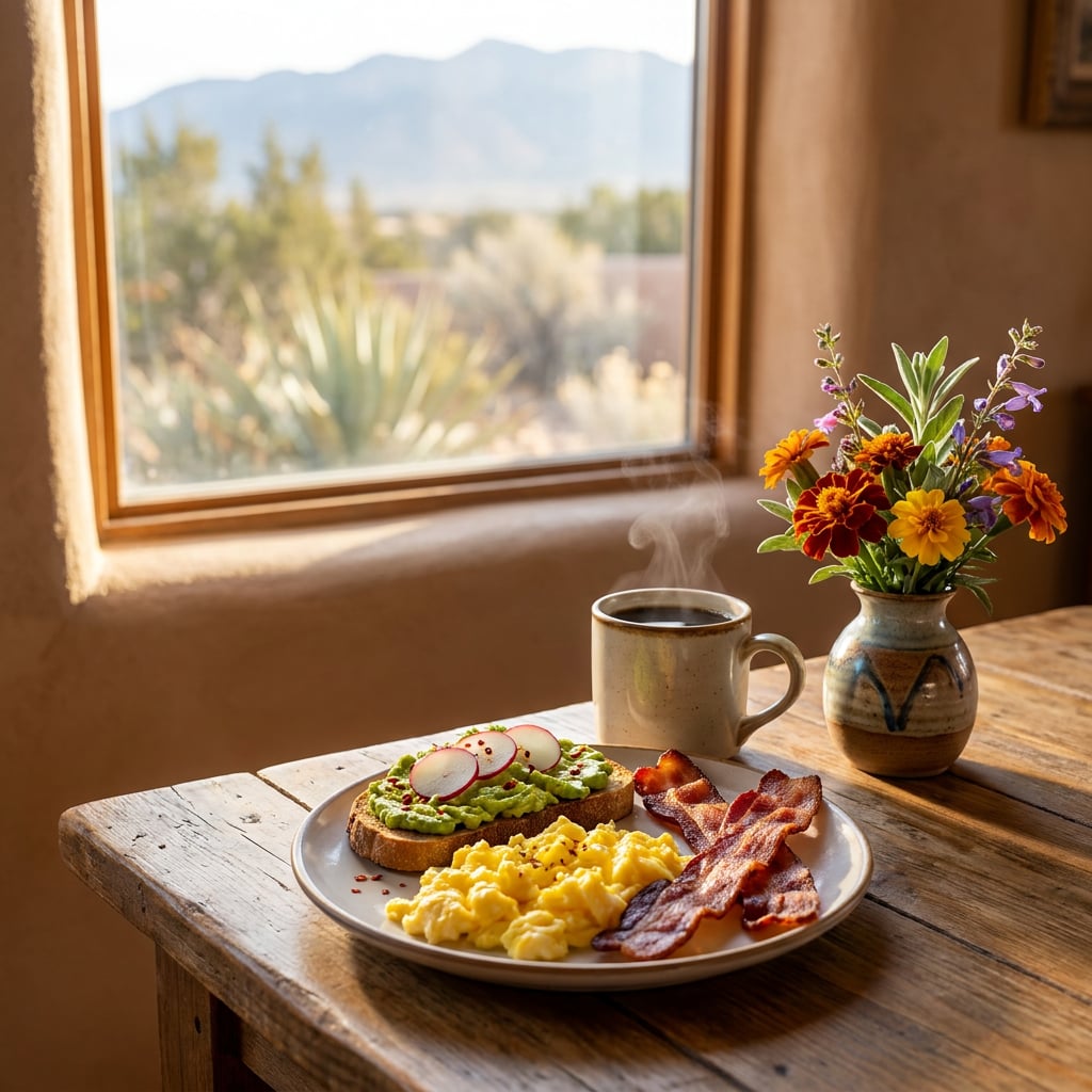 A breakfast plate featuring avocado toast, scrambled eggs, bacon, and a cup of coffee on a wooden table with a scenic view.