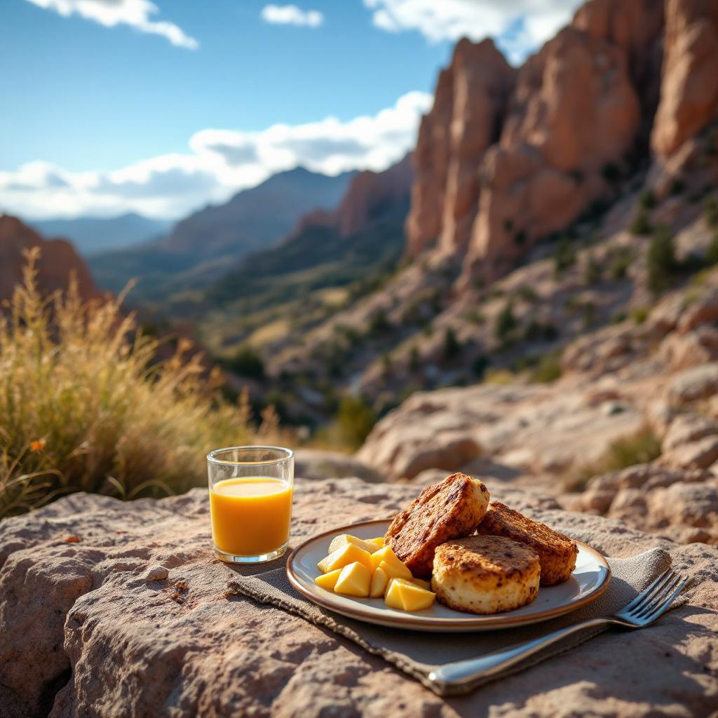 A breakfast plate with pancakes and a glass of orange juice set against a mountainous landscape.