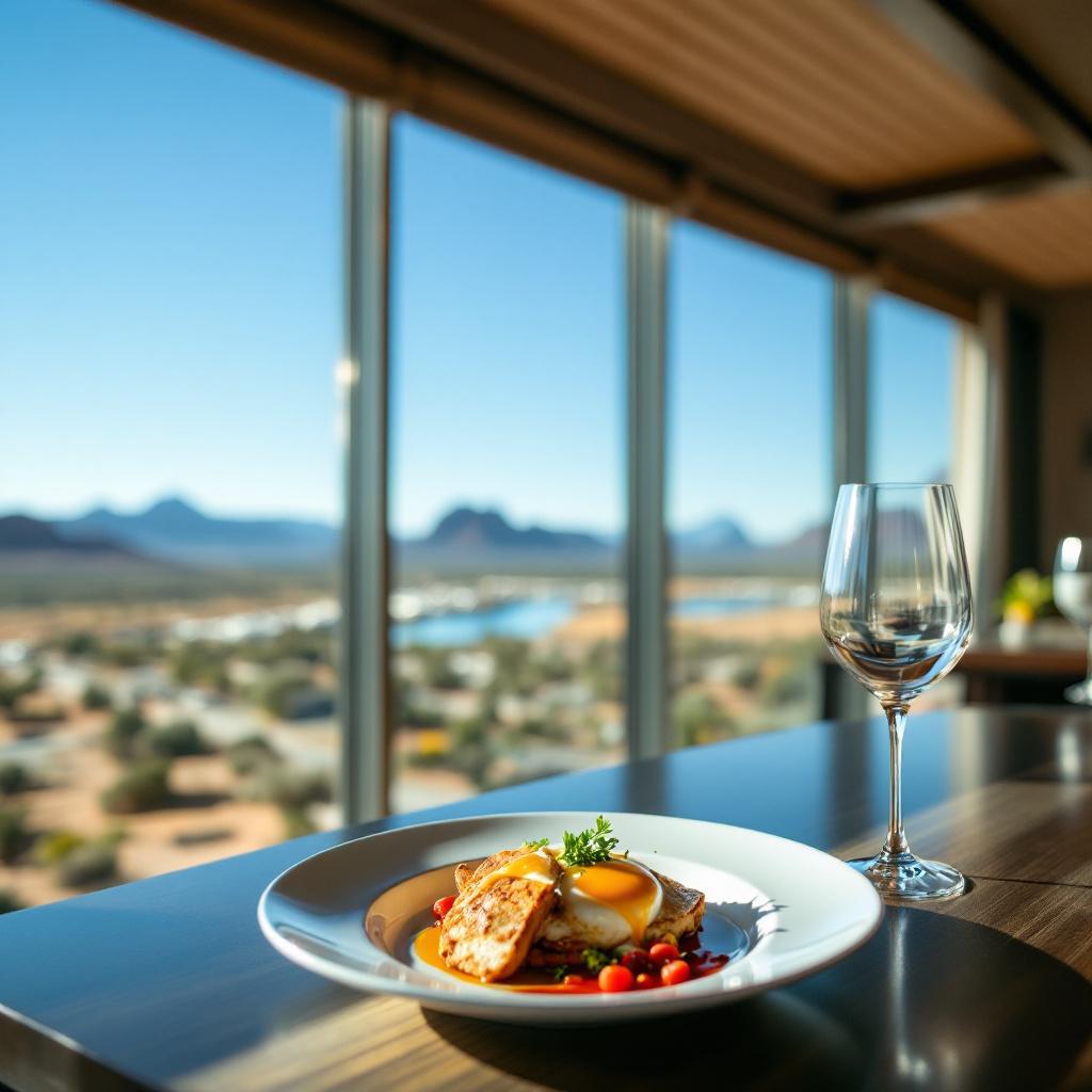 A gourmet dish is presented on a table with a scenic view of mountains and a river in the background.