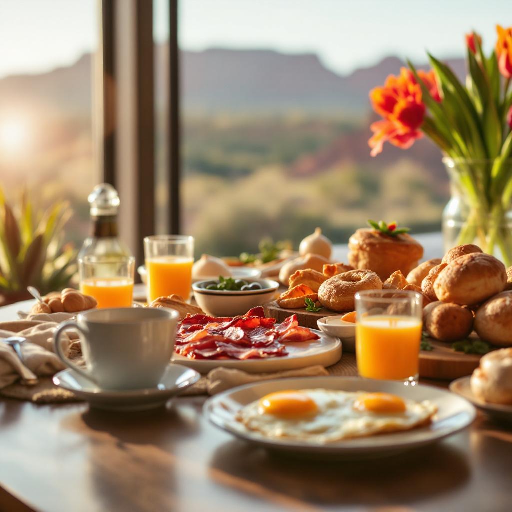A breakfast table set with various foods and drinks, featuring eggs, pastries, and orange juice, with a scenic view in the background.