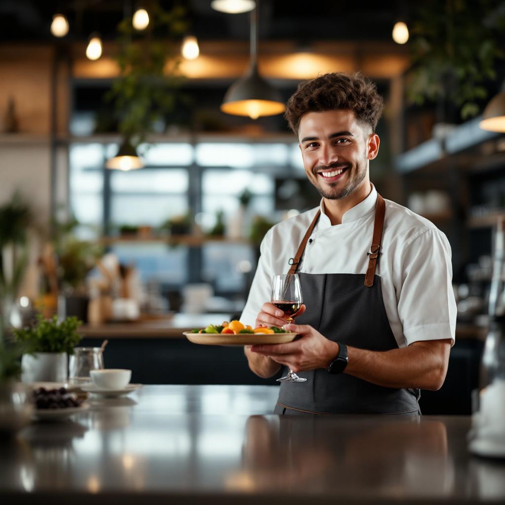 A smiling chef holding a plate of food and a glass in a restaurant setting.
