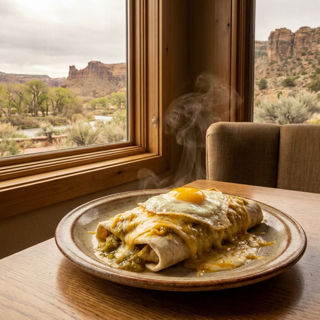 A plate of enchiladas topped with a fried egg and cheese, with a scenic view of mountains and trees through a window.