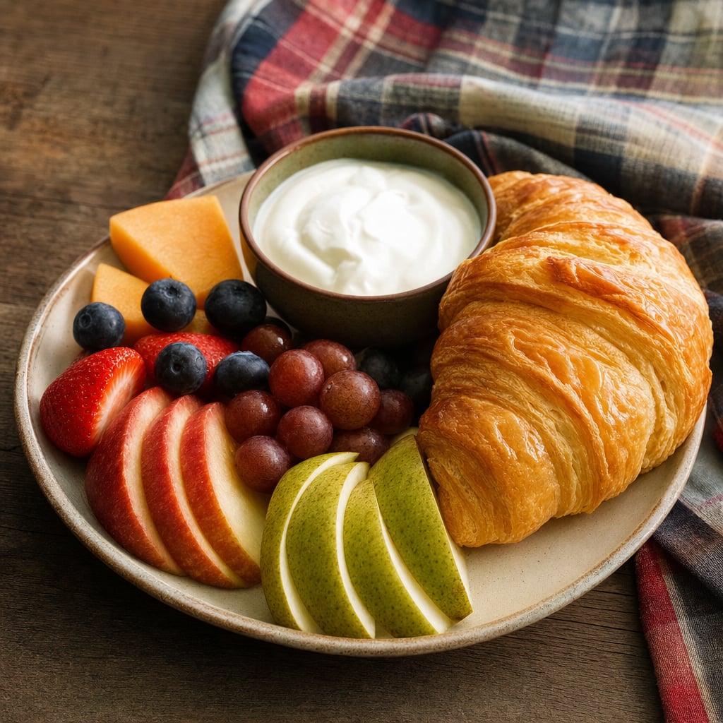 A plate of assorted fruits, a croissant, and a bowl of yogurt.