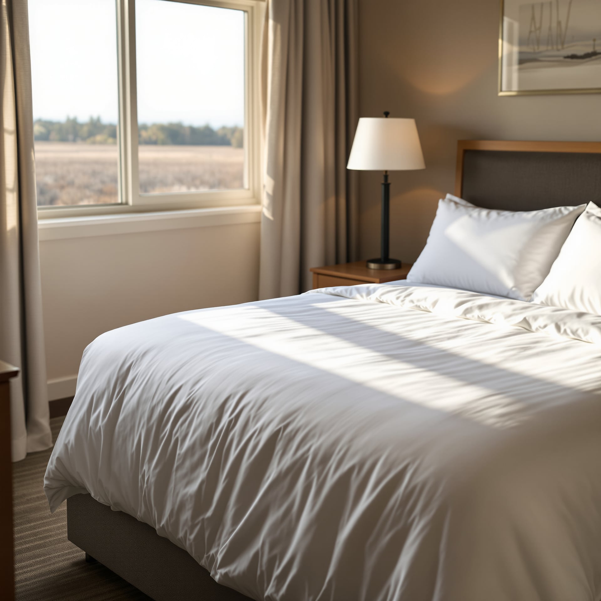 A well-lit hotel room featuring a neatly made bed and a window with a view.