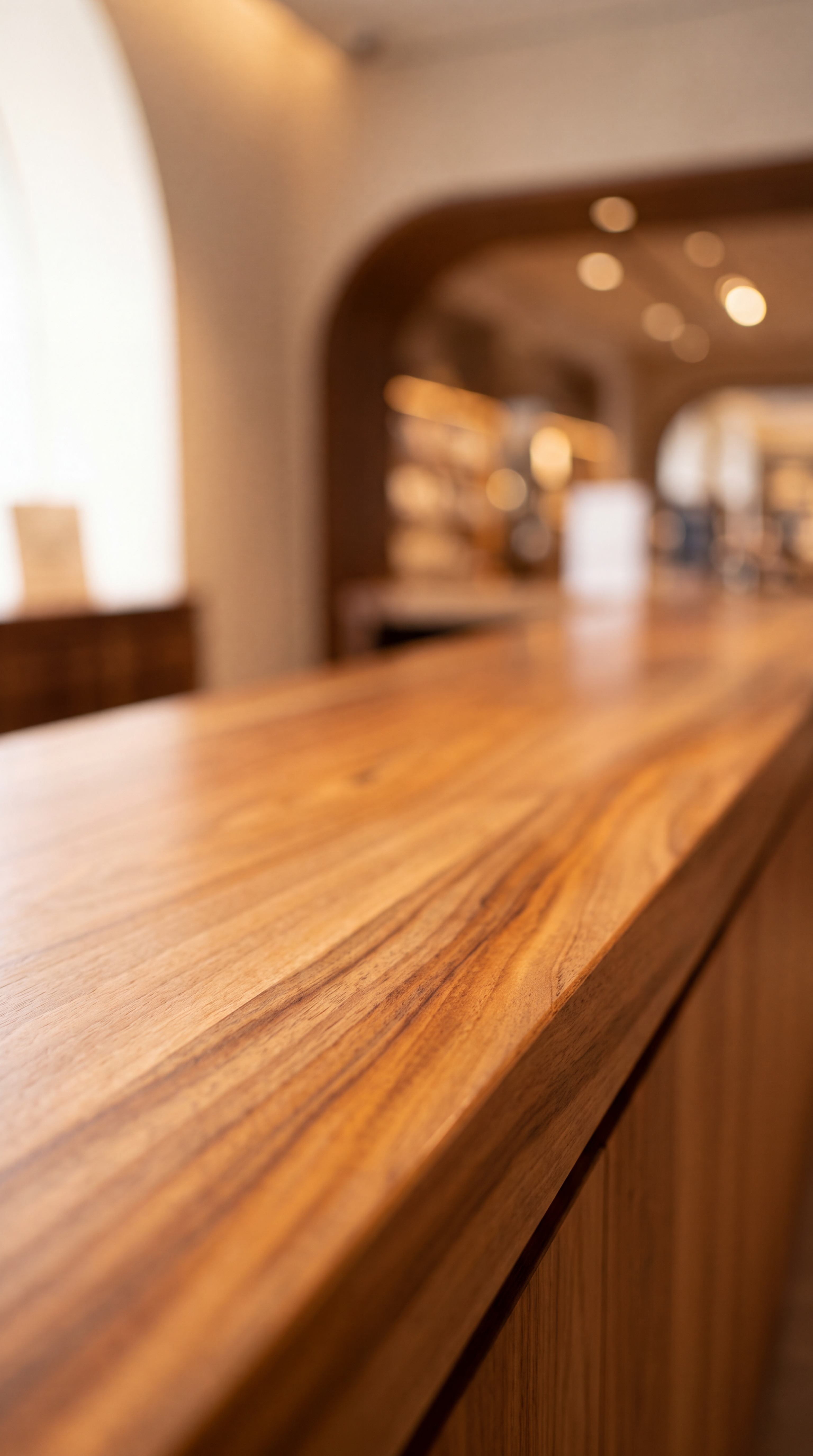 A close-up view of a wooden countertop in a modern interior space.