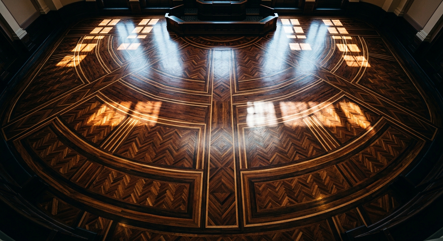 The image shows a beautifully designed wooden floor with intricate patterns and reflections of light.