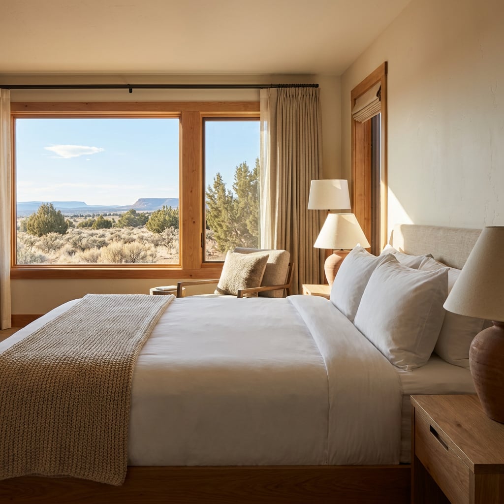 A modern hotel room featuring a bed and a large window with a view of the landscape outside.