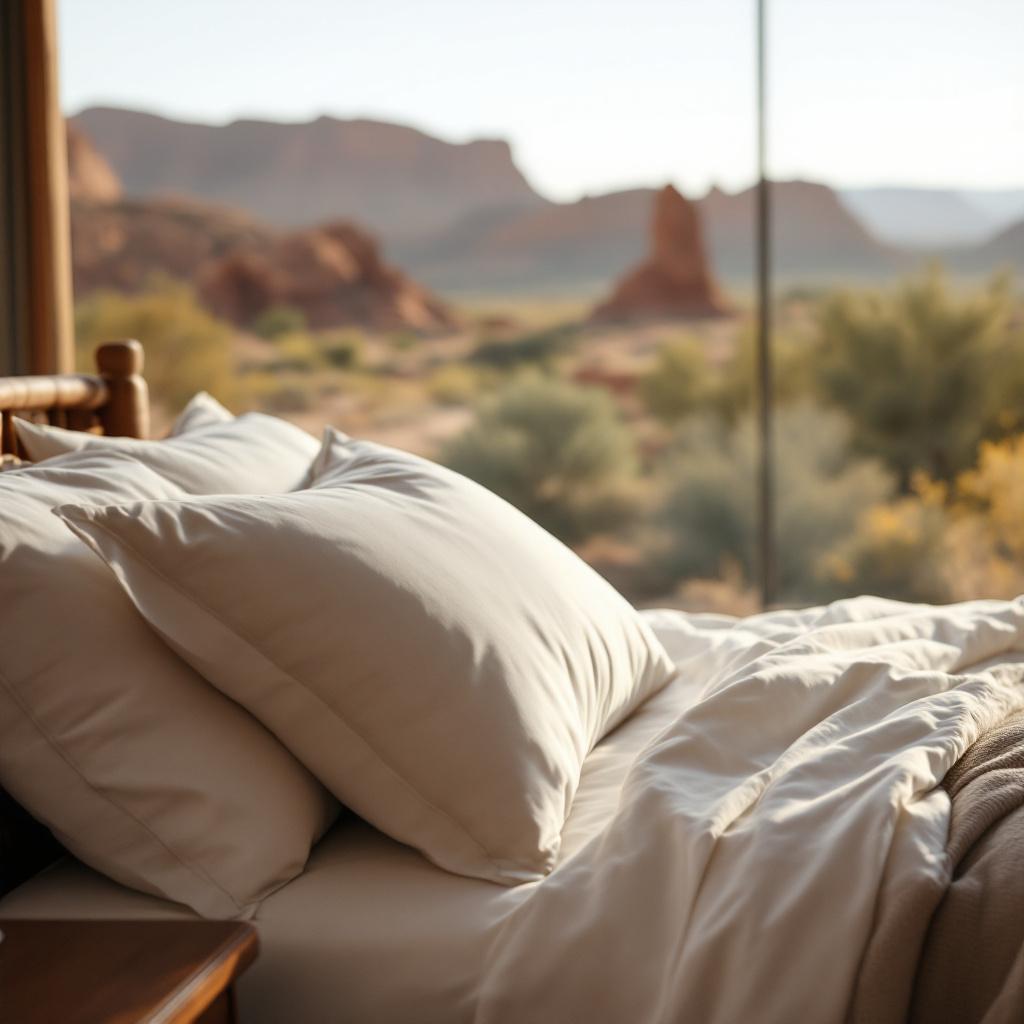 A cozy bed with pillows in a room overlooking a desert landscape.