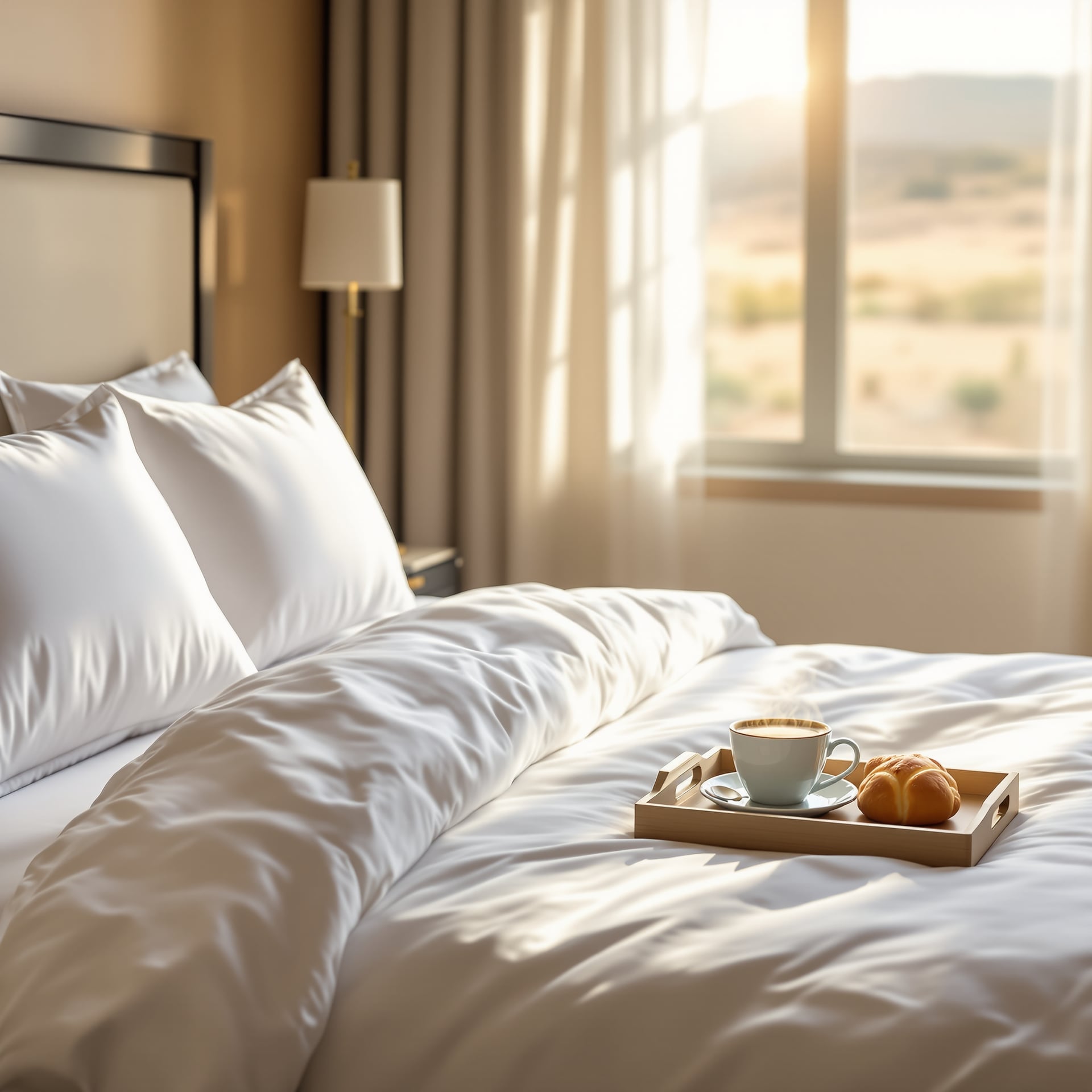 A cozy hotel room featuring a neatly made bed with a tray of coffee and pastries.