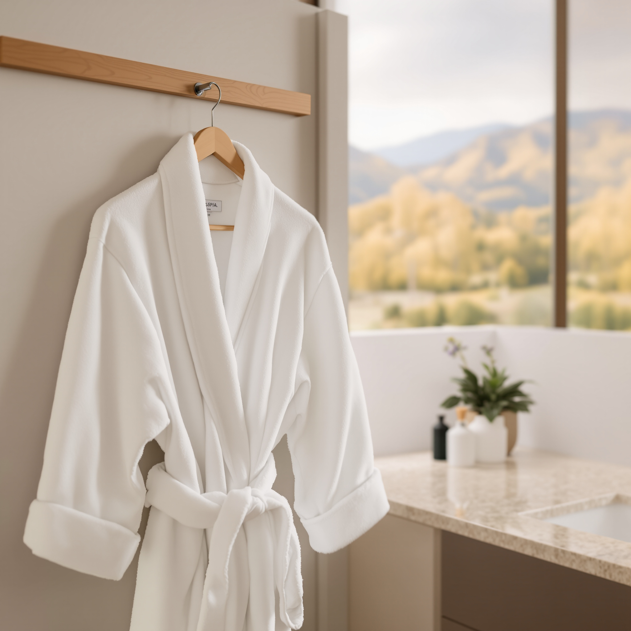 A white bathrobe hanging on a hook in a modern bathroom with a scenic view.