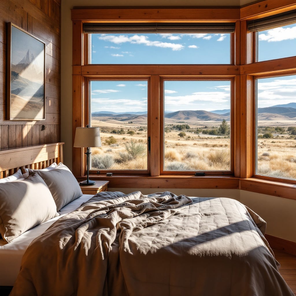 A cozy bedroom with large windows showcasing a scenic view of mountains and fields.
