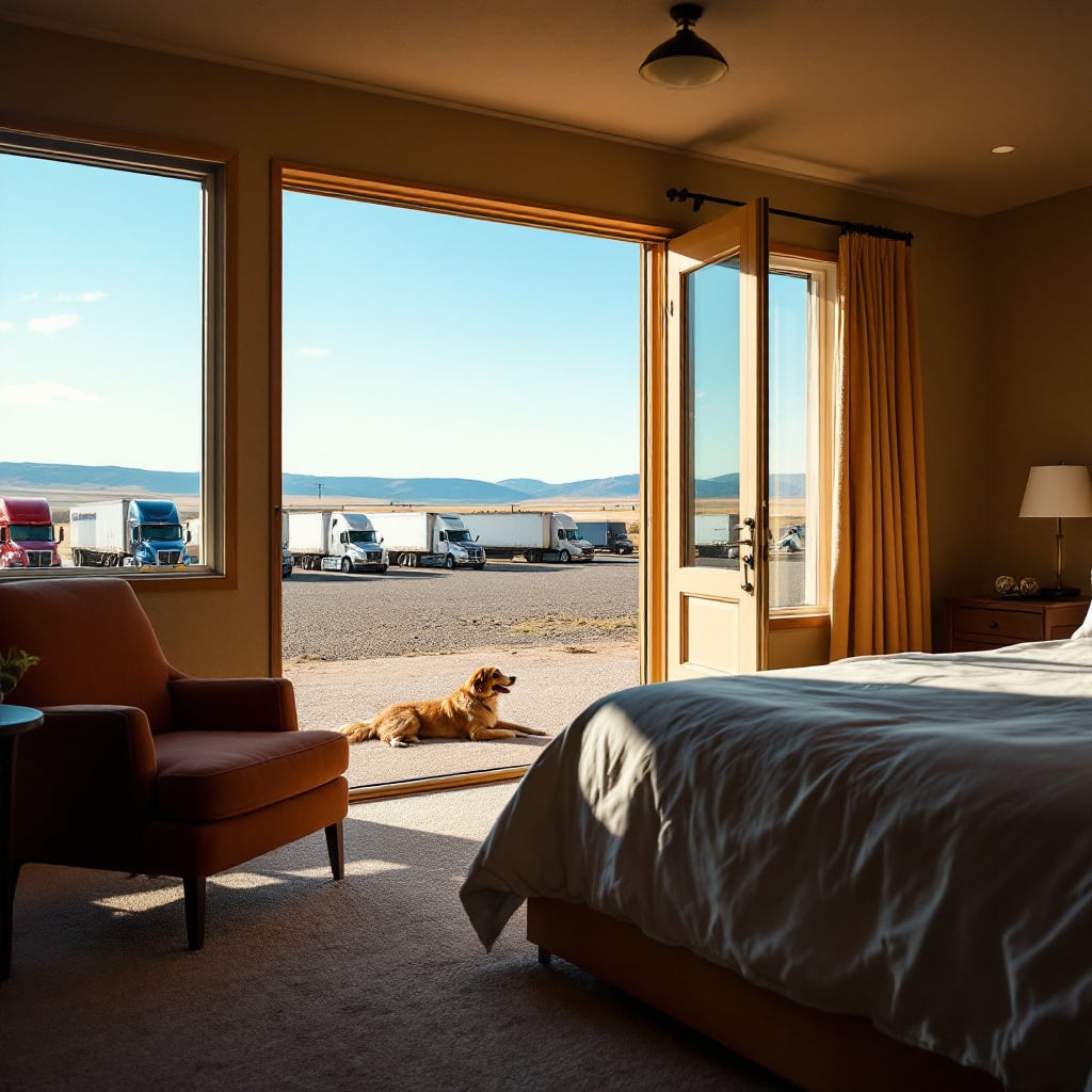 A golden retriever lies in the doorway of a hotel room with trucks parked outside.