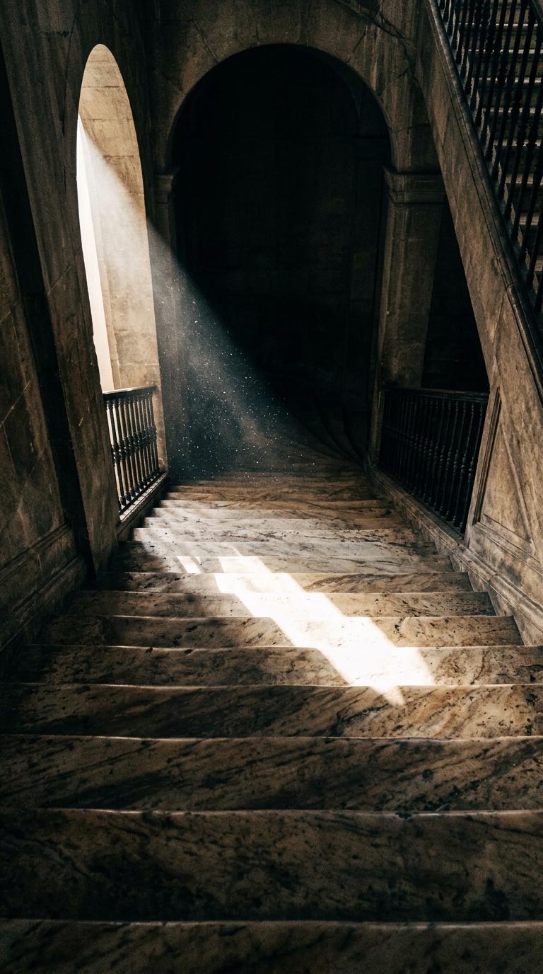 A staircase with marble steps illuminated by a beam of light.