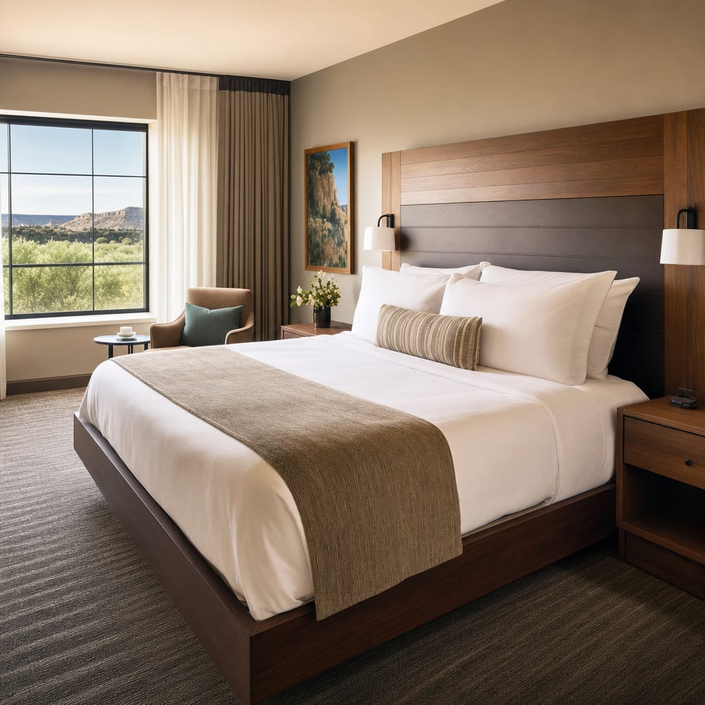 A modern hotel room featuring a large bed, a chair, and a scenic view through a window.