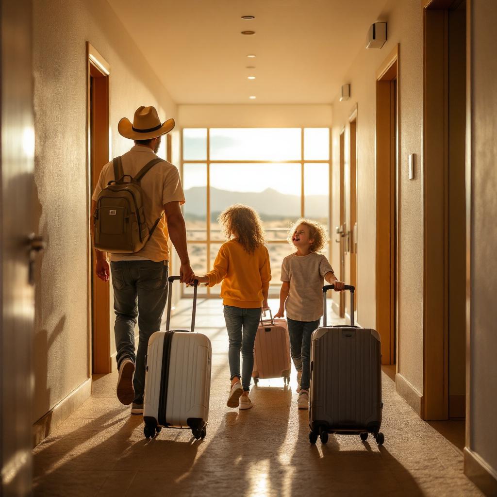 A person and two children walk down a hotel corridor with luggage.