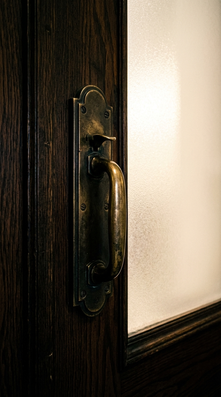 A close-up view of a vintage door handle on a wooden door.
