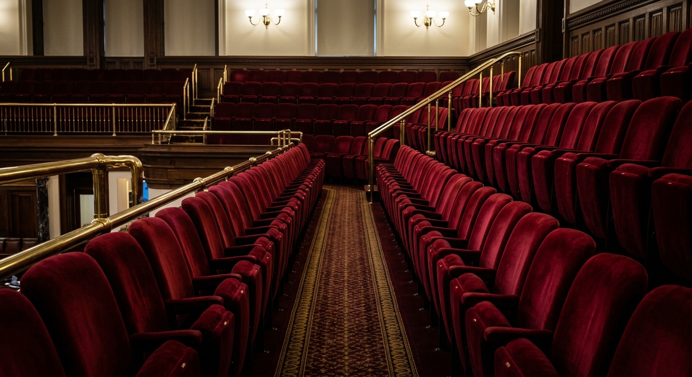 The image shows a row of red velvet seats in a theater.
