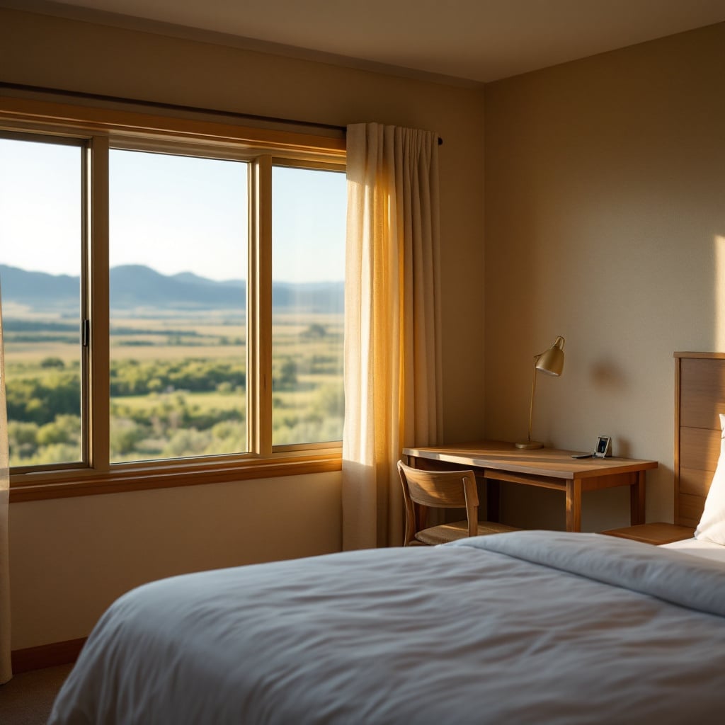 A cozy hotel room with a bed and a desk, featuring a large window that offers a view of mountains and greenery.