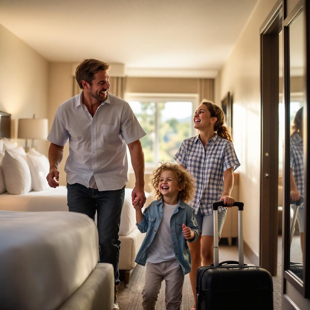 A family is joyfully walking in a hotel room with luggage.