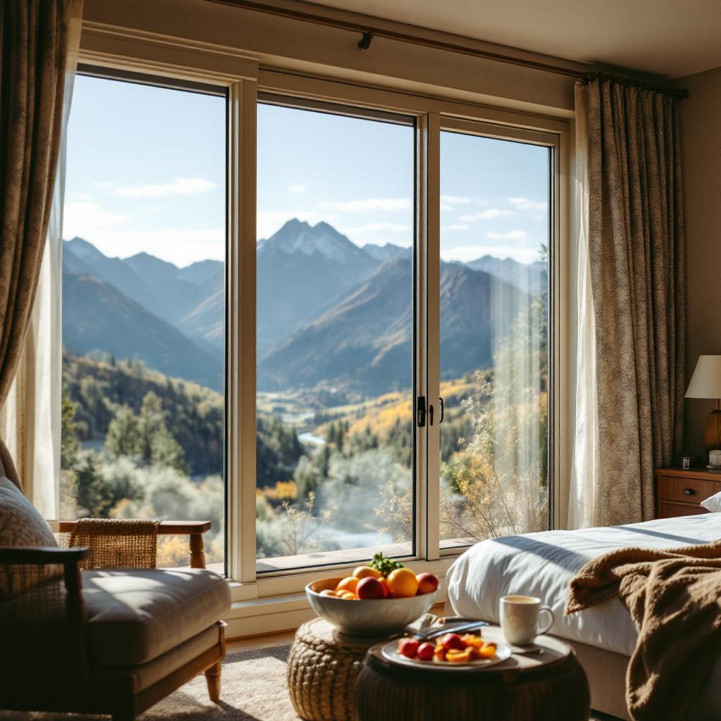 A cozy hotel room with a view of mountains and a bowl of fruit on the table.
