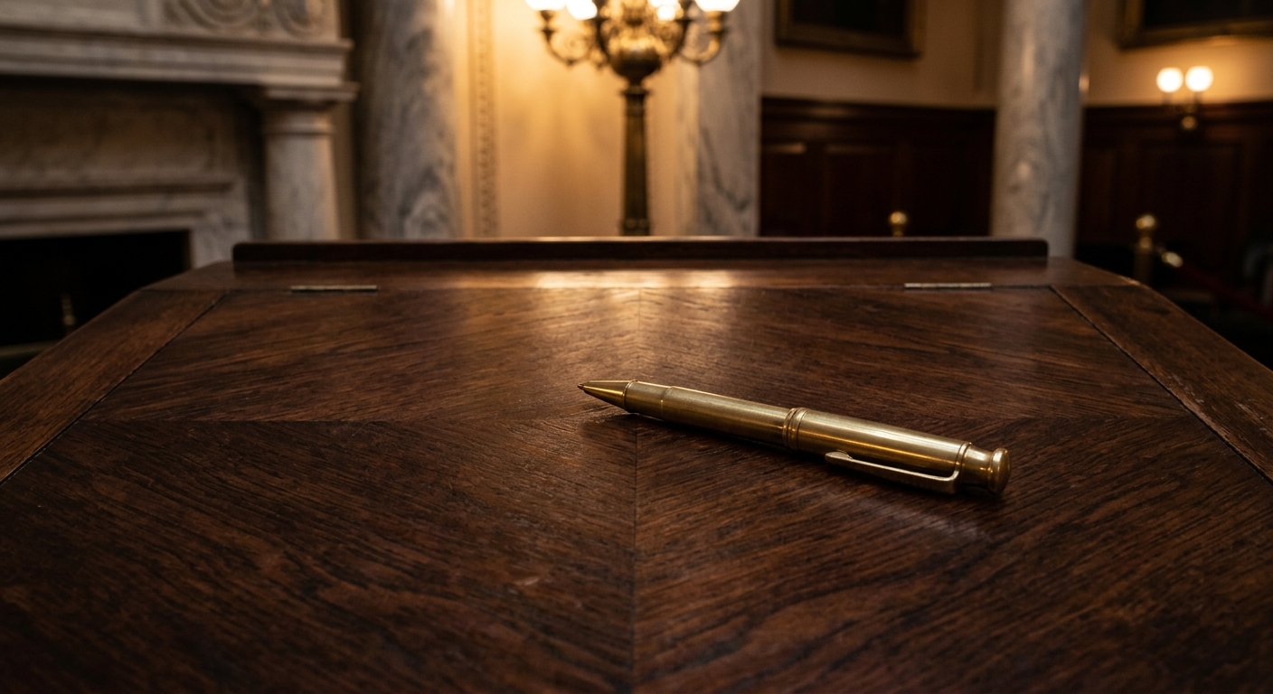 A close-up view of a brass pen resting on a wooden desk in a formal setting.