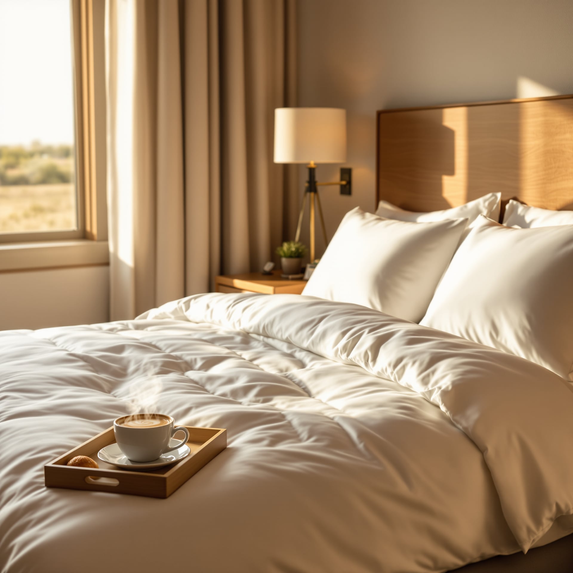 A cozy hotel room featuring a neatly made bed with a tray of coffee on it.