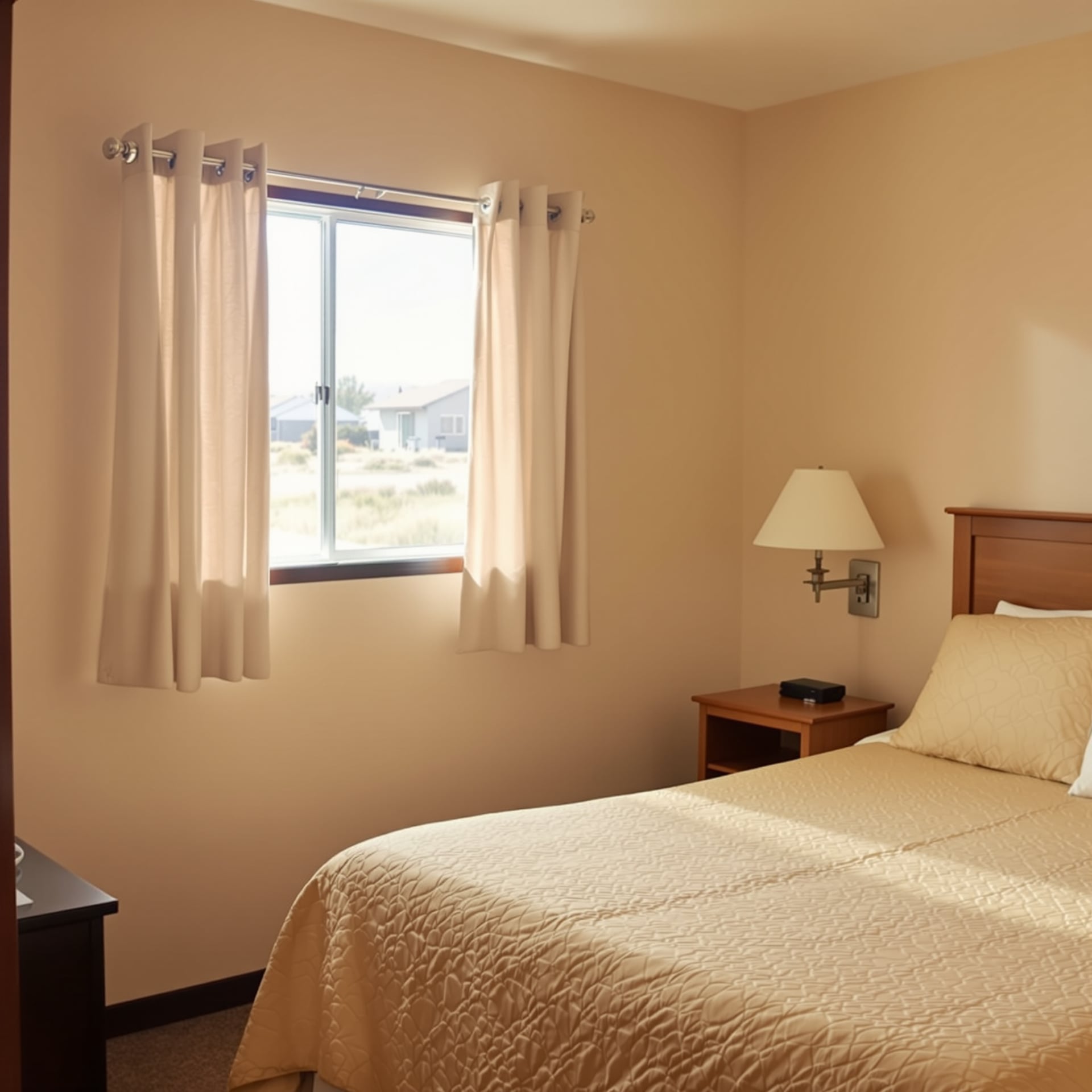 A cozy hotel room featuring a bed, nightstand, and window with natural light.