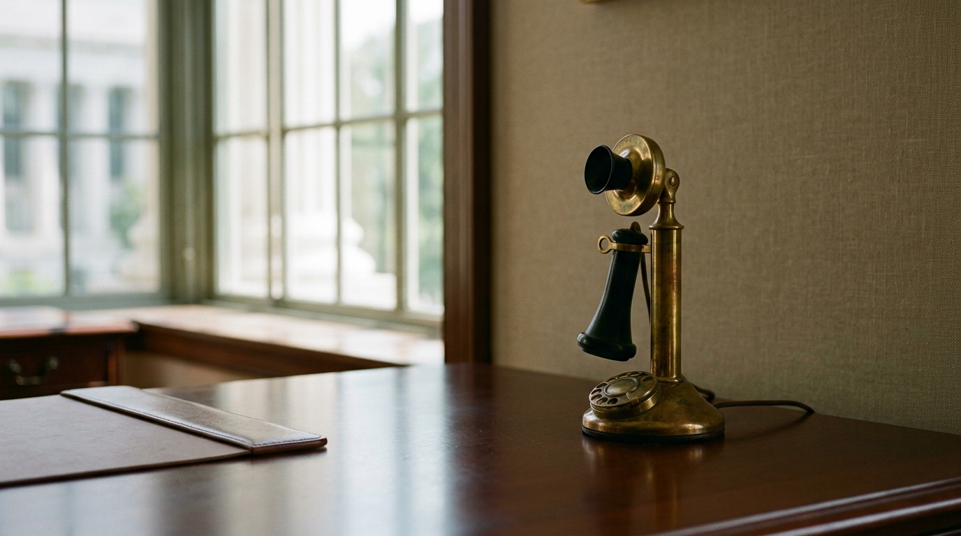 An antique telephone sits on a wooden desk near a window.