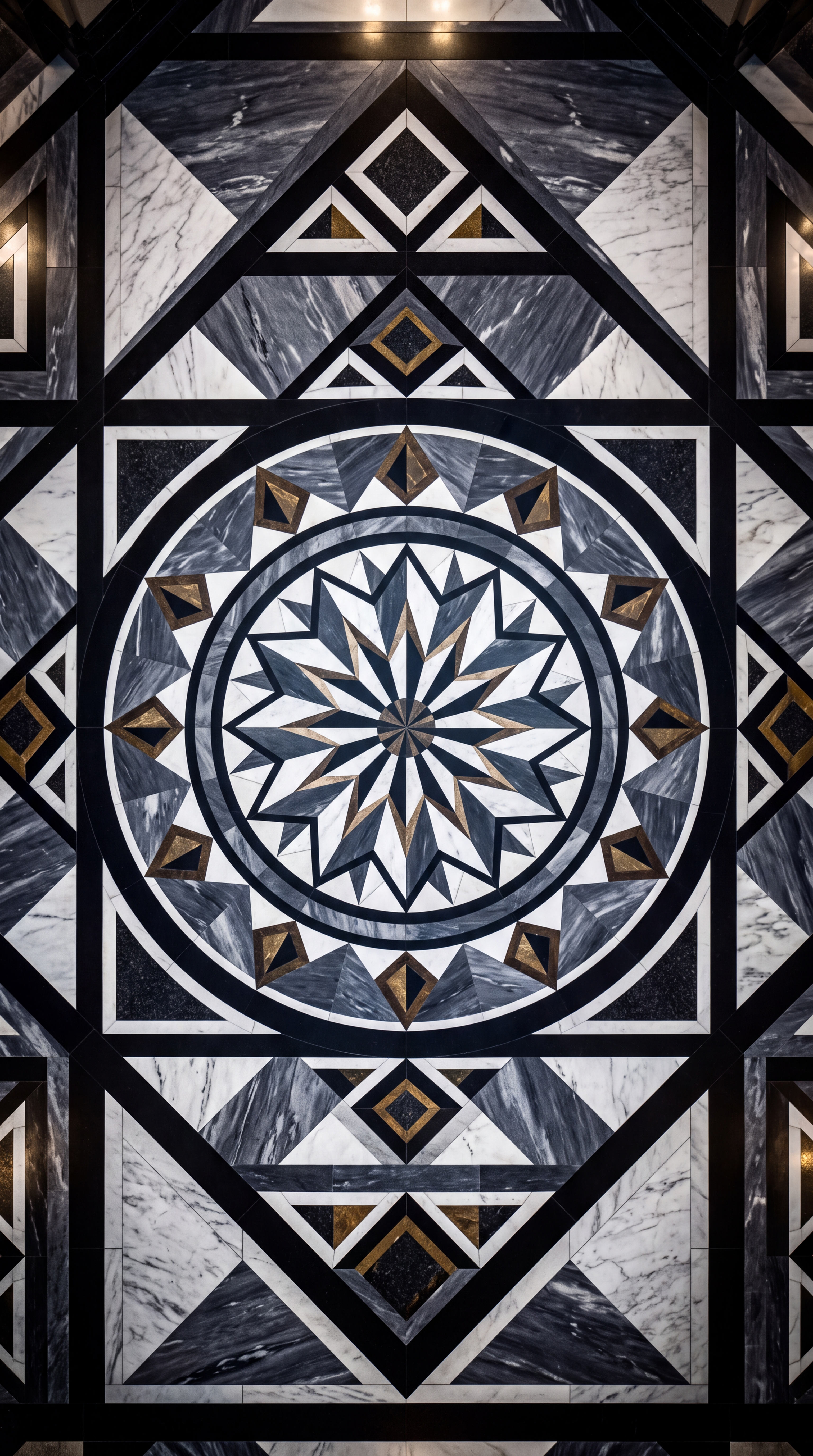 A detailed geometric marble floor design featuring a star pattern.