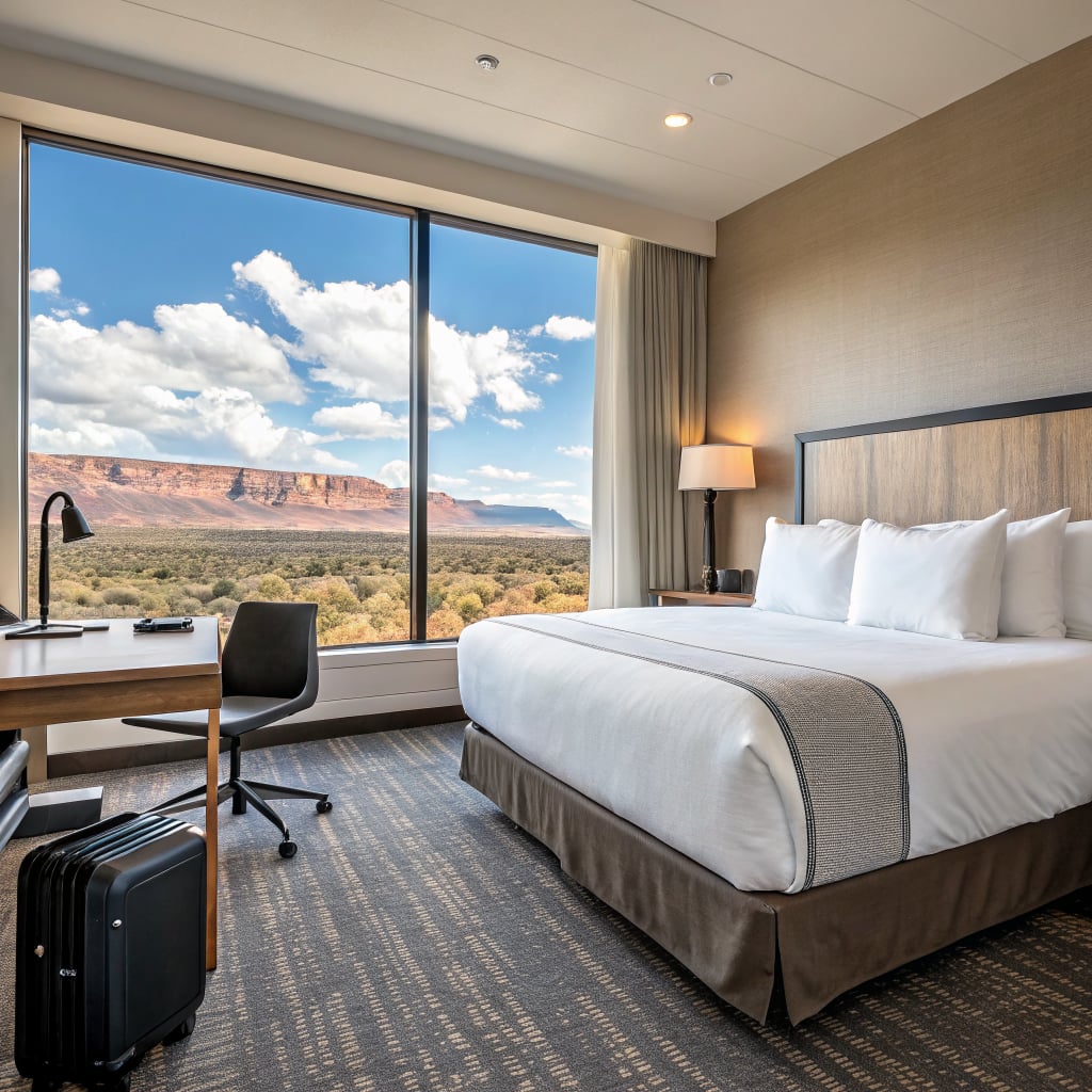 A modern hotel room featuring a large window with a view of mountains and a desk with a chair.