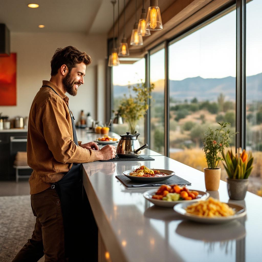 A man is preparing food in a modern kitchen with a view of mountains.