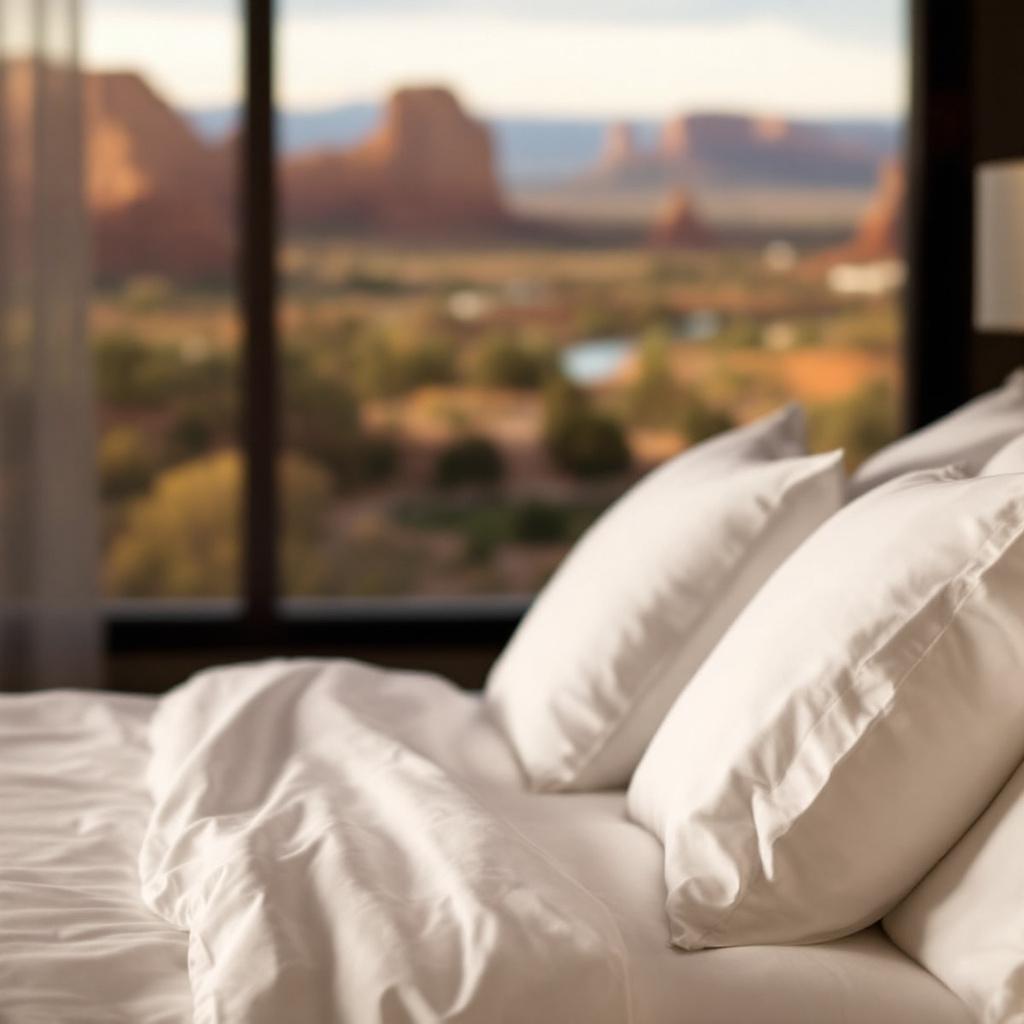 A close-up view of a neatly made bed with white pillows and bedding, set against a backdrop of a scenic landscape visible through a large window.