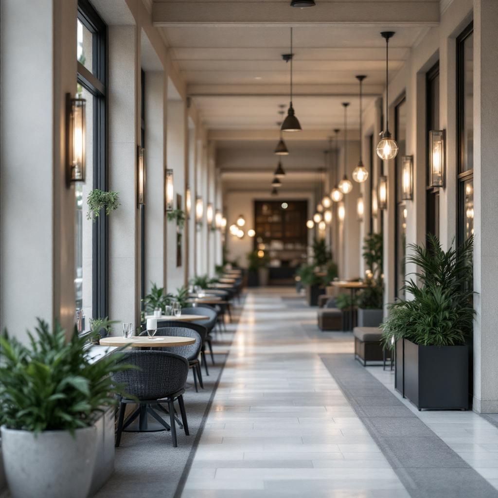 A modern interior corridor with tables and plants, illuminated by pendant lights.